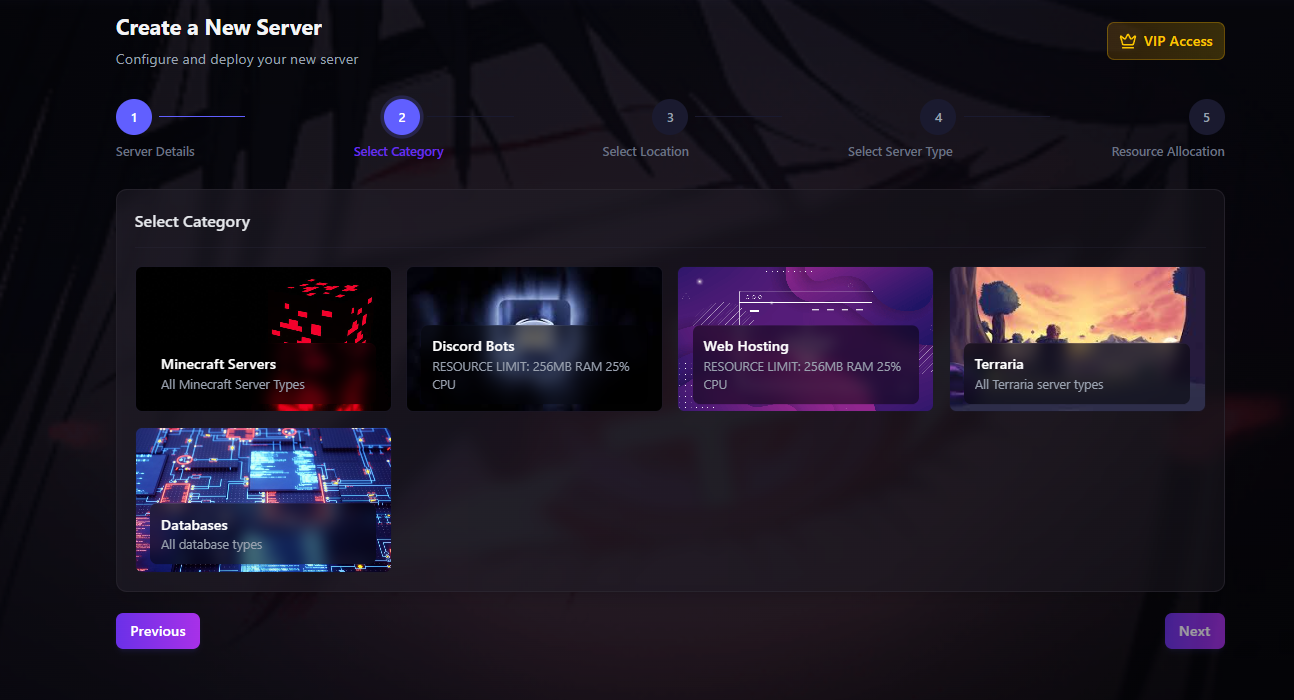 Server category selection screen