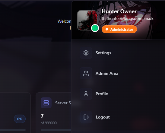 Profile menu dropdown on the dashboard