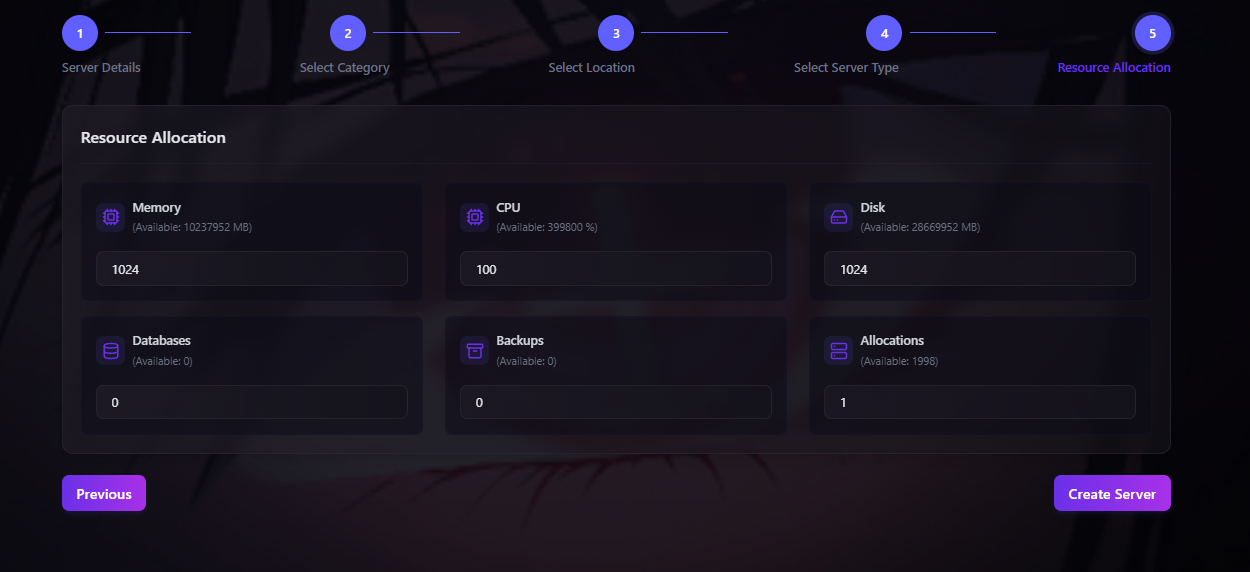 Resource allocation screen for the new server