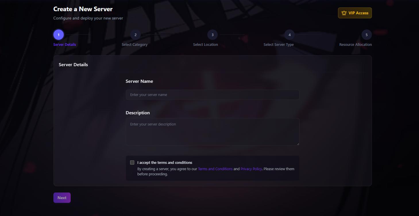 Server details configuration screen